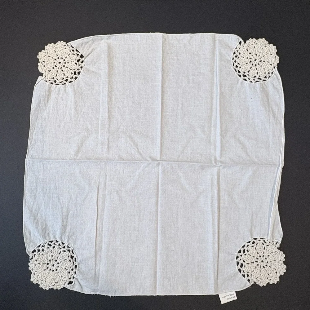 Vintage (3) Cream Square Napkins with Crocheted Doily Edges Cottage Core Grandma
